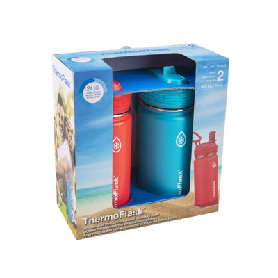 ThermoFlask Kids 16 oz Insulated Water Bottles with Straw Lid BPA-Free Stainless Steel Leakproof & Spill-Proof Design Easy Clean Wide Mouth 2-Pack for School, Sports, Playdates, Red/Blue