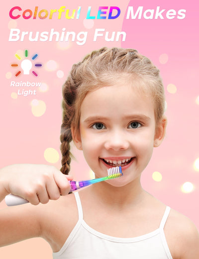 SEAGO Kids Electric Toothbrush with 2 Mins Brushing Timer and 8 Replacement Brush Heads,Rainbow LED Light Makes Brushing Fun, Battery Powered Toothbrush for Boys & Girls 3-6-8 Years Old,Pink