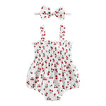 Tsseiatte Newborn Baby Girl Summer Bodysuit Print One Piece Ruffle Strap Romper Jumpsuit Cotton Playsuit with Headband (A-White Cherry, Newborn)