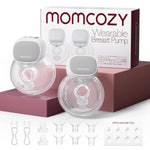 Momcozy wearable breast pump with packaging and accessories on a white background