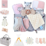 CREVENT Baby Welcome Gift Set Storage Basket with 2 Blankets+ 1 Security Blanket + 1 Taggie + 1 Gift Bag with Ribbon (Ivory)