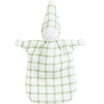 Plush toy with green and white checkered pattern on a white background
