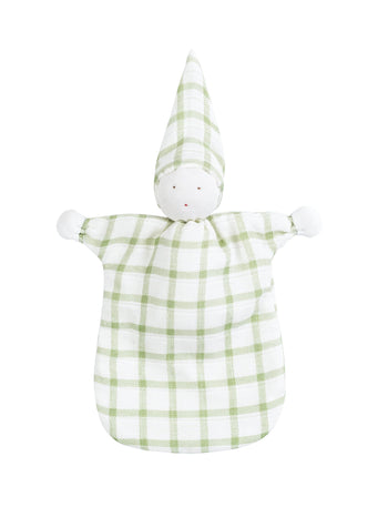 Plush toy with green and white checkered pattern on a white background