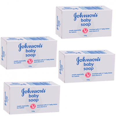Four boxes of Johnson's Baby Soap on a white background