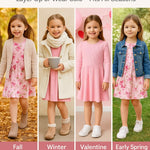 PATPAT Toddler Girl 2-Pack Long Sleeve A-line Dress Set Everyday Wear & Weekend Fun, Light Pink Floral, 6-7 Years