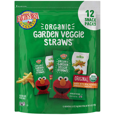 Packaging of Earth's Best Organic Garden Veggie Straws with Elmo illustration on a green background