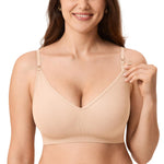 MOMANDA Sleep Nursing Bras for Breastfeeding Seamless Wirefree Maternity Bra V Neck Comfortable Bralette Beige Medium