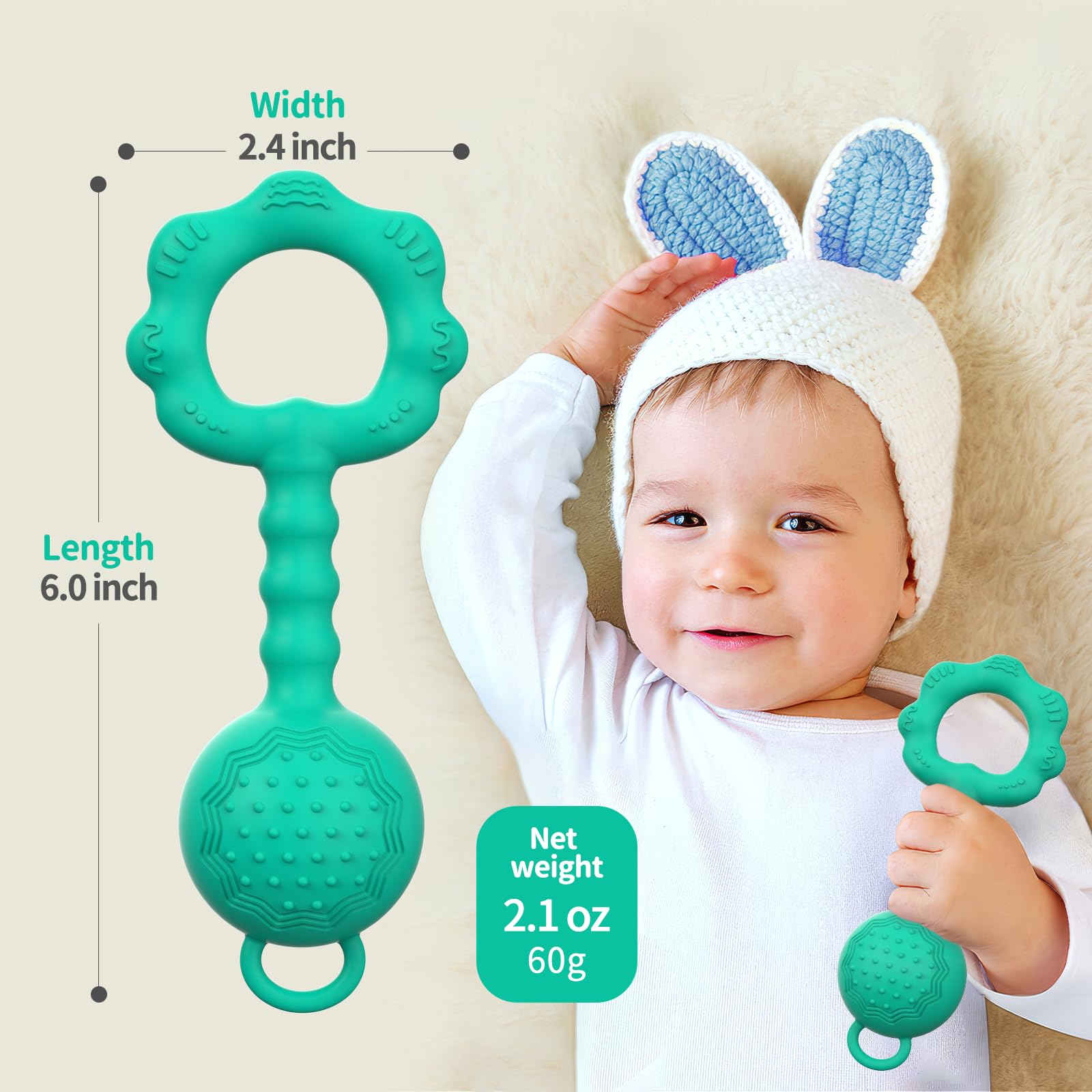 Teething Toys for Babies 0-6 Months, Baby Rattles 6 to 12 Months, 2-in-1 Rattle and Teether Toy for Soothing Sore Gums and Keeps Little Ones Entertained, Food Grade Silicone, Spearmint