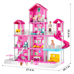 TEMI Villa Toy for 3 4 5 6 Year Old Girls - 4 Storeys 10 Rooms Villa Playset with 2 Doll Toy Figures, Accessories and Furniture, Toddler Home Pretend Kits Gifts for Kids Ages 3 Toys