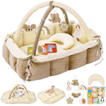 5-in-1 Plush Baby Play Gym & Activity Mat, Baby Play Mats, Baby Gym with Convertible Design, Tummy Time Mat with Pillow, 6 Sensory Toys for Newborn to Toddler, Grey