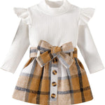 fhutpw Baby Toddler Girl Outfits Fall Winter Clothes Turtleneck Knitted Cotton Long Sleeves Tops & Button Mini Skirts Set