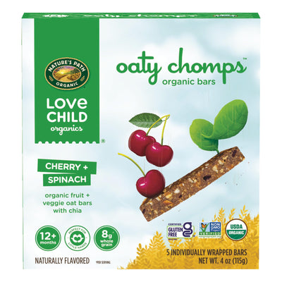 Box of Nature's Path Oaty Chomps organic bars with cherry and spinach flavor on a white background