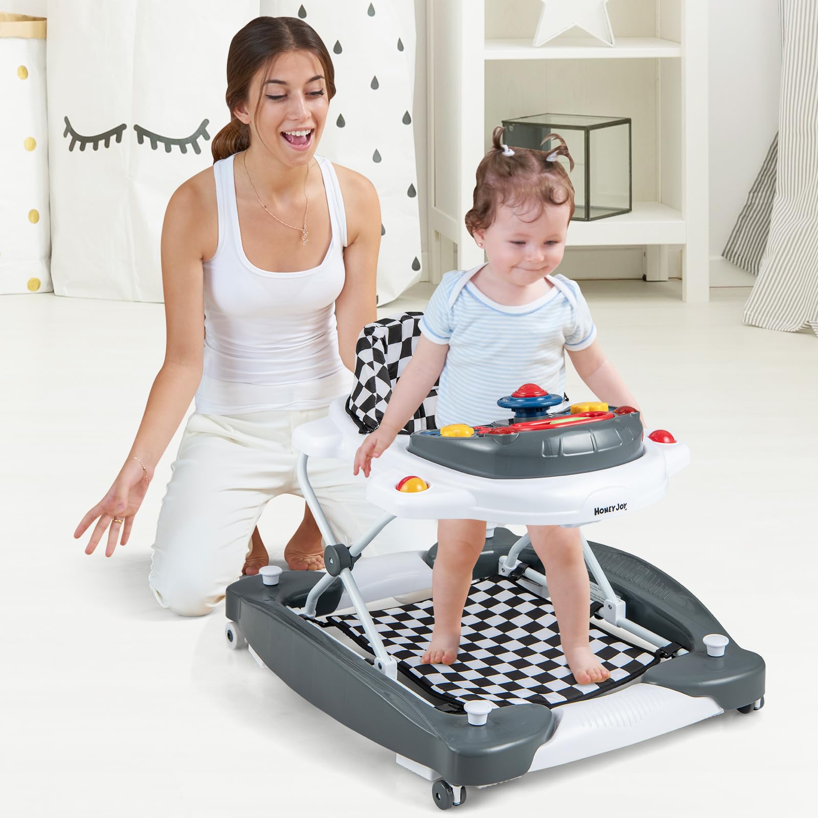 HONEY JOY Baby Walker, 6-in-1 Foldable Baby Walker and Bouncer Combo, Infant Activity Walker with Wheels, Adjustable Heights, Rocker, Music, Lights, Walker for Baby Boy Girl 7-14 Months (Gray)