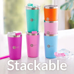 PopYum 13oz Insulated Stainless Steel Kids’ Cups with Lid and Straw, 2-Pack, Blue, Pink, stackable, sippy, baby, child, toddler, tumbler, double wall, vacuum, leak proof