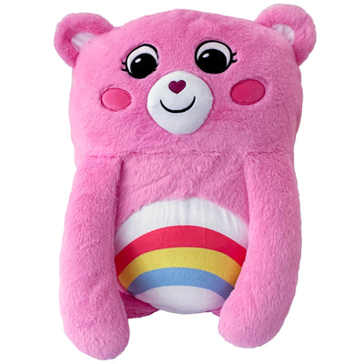 Pink teddy bear plush toy with a rainbow design on a white background