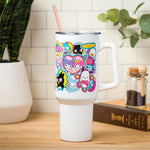 Silver Buffalo Sanrio Hello Kitty and Friends Cinnamoroll, Kuromi, Chococat, Badtz-Maru, Keroppi, etc Sticker Collage Stainless Steel Tumbler w Handle and Straw, Fits in Standard Cup Holder, 40 Ounces