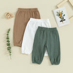 Thilsidee 3 Pack Toddler Baby Boy Girl Solid Color Pants Elastic Waist Casual Trousers Spring Fall Winter Long Pants Joggers (D-Cotton Linen White+Khaki+Green,6-12 Months)