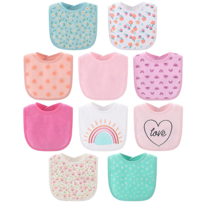 Set of colorful baby bibs with various patterns on a white background