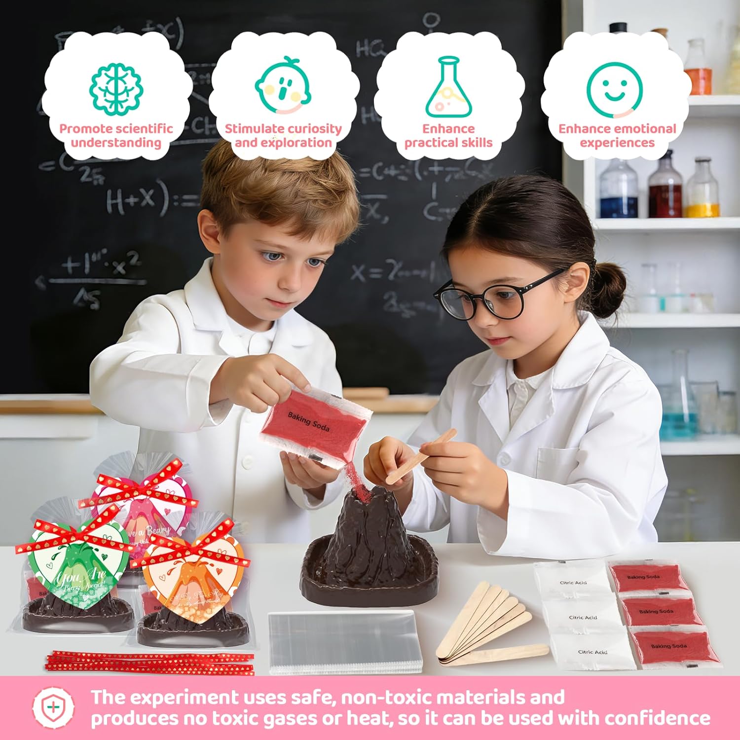 Valentines Day Large Volcano Science Kit - 24 Pack Valentines Day Gift Cards for Kids, Volcano Erupting Experiment Toys STEM Educational Toys for Classroom Exchange School Activities Party Favors