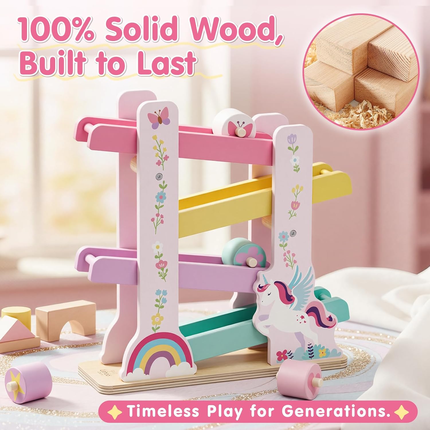 Lehoo Castle Wooden Car Ramp Toys for 1 Year Old Girl Birthday Gifts, Unicorn Montessori Toys for One Year Old, Wooden Race Track with 4 Rollers, for Toddlers 1-3 Year Old