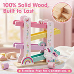 Lehoo Castle Wooden Car Ramp Toys for 1 Year Old Girl Birthday Gifts, Unicorn Montessori Toys for One Year Old, Wooden Race Track with 4 Rollers, for Toddlers 1-3 Year Old