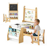 HONEY JOY Kids Art Table and Chair Set, Wooden Arts and Crafts Activity Set w/Adjustable Magnetic Whiteboard & Chalkboard, Paper Roll, Bookshelves & Storage Shelves, Toddler Table(Natural)
