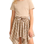 PATPAT Girls 2 Piece Skirt Sets Size 11-12 Years, Light Brown Shirts + Brown Plaid Skirts Clothing Sets Summer Outfits, Preppy Clothes for Girls Western Outfits Streetwear