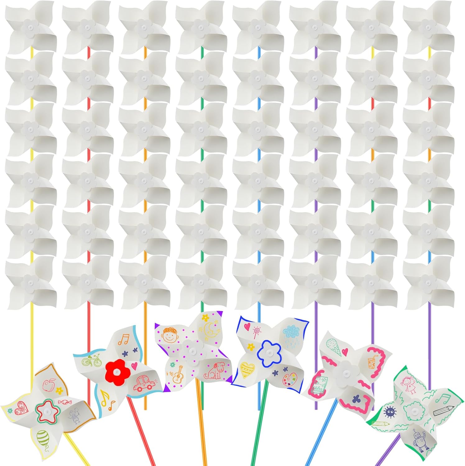 Poen 48 Pcs DIY Craft Pinwheels White Blank Paper Color Your Own Pinwheels for Kids Boys Girls Summer Activity Arts Daycare Project Party Favor, 5 Inches
