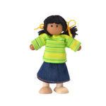 PlanToys® Wooden Girl Dollhouse Figure – Dark Skin Tone | Poseable 1:12 Scale Dollhouse People | Montessori Pretend Play Doll with Bendable Arms & Legs | Eco-Friendly Wooden Figurine for Kids