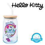 Silver Buffalo Sanrio Hello Kitty & Friends Floating Car Balloons Featuring Cinnamoroll, Pochacco, and Keroppi Glass Jar Tumbler with Bamboo Lid and Glass Straw, 16 Ounces