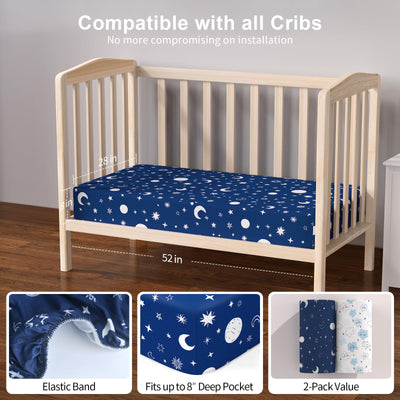 IOCCLH Baby Crib Sheets 2 Pack for Boys and Girls Fit for Standard Crib Toddler Mattress Breathable Soft Microfiber Baby Sheet 28x52x8in(Starry Sky & Clouds)