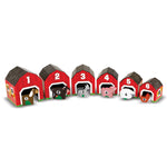 Set of red barn toys with numbered doors on a white background