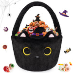 Halloween Basket, Black Cat Plush Halloween Baskets for Kids, Trick or Treat Bucket, Black Cat with Witch Hat Decor, Gift Candy Bucket with Handle for Halloween Party Home Decoration Bins