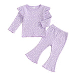 FOCUSNORM Toddler Baby Girl Outfits Ruffle Long Sleeve Lettuce Trim Tops + Flare Pants Set Toddler 2Pcs Fall Winter Clothes (Purple, 18-24 Months)