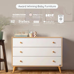 dadada Austin 3-Drawer Dresser for Nursery and Bedroom - Modern Design, Large Storage, Baby-Safe Finish, Anti-Tip Safety, Solid Wood Feet, Durable Construction (White+Red Oak)