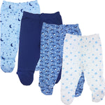 123 Bear 100% Cotton Baby Pants with Footies 100% Cotton Unisex Boys Girls (3-6 Months, 4-Pack Blue Pr)