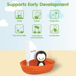PlanToys® Wooden Penguin Sailing Boat Bath Toy for Toddlers | Montessori Floating Toy for Kids | Eco-Friendly Baby Water Toy for Bathtub, Pool & Water Table