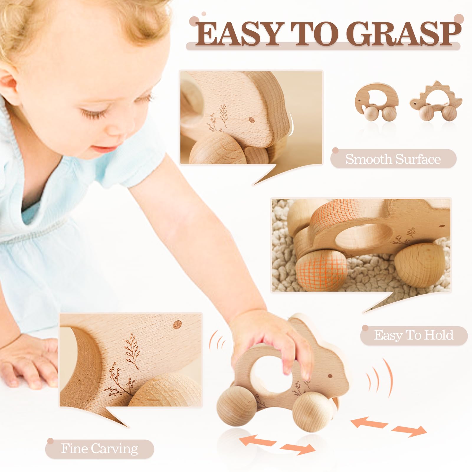 let's make Wooden Baby Rattle 3 PCS Push Car Rattle Set Crochet Rattle Ring Wooden Montessori Toy for Newborn Infant Baby Gifts (Rabbit Rattle)