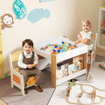 Costzon Kids Table and Chairs, 4 in 1 Wooden Activity Desk Set w/Reversible Tabletop, Bookshelves & Storage Drawers for Drawing, Reading, Crafts, Playing, Toddler Table and Chair Set (Natural)