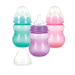 Three baby bottles in green, purple, and pink on a white background
