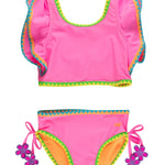 RuffleButts Girls UPF50+ Crochet Detail Butterfly Tankini 2-Piece Swimsuit - Neon Pink, 2T
