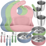 Yinder 15 Pack 304 Stainless Steel Baby Feeding Set Baby LED Weaning Supplies Kids Bowls with Removable Silicone Shell Spoons Forks Silicone Pocket Bibs Cup for Toddler Food Feeding Dishwasher Safe