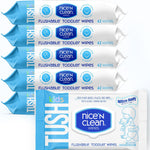 Multiple packages of Tush nice'n clean flushable toddler wipes on a white background