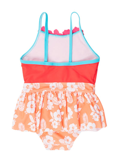 RuffleButts Girls UPF50+ Sun Protection Princess Sleeveless One Piece Swimsuit - Island Princess Flower, 3-6m