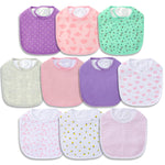 Set of colorful baby bibs with various patterns on a white background