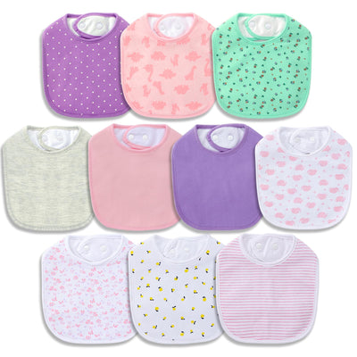 Set of colorful baby bibs with various patterns on a white background
