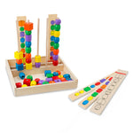 Colorful wooden educational toy with beads and pegs on a white background