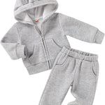 Happy Town Baby Clothes for Girls Boys Clothes Solid Color Zipper Hoodie and Pants Set Infant Fall Winter Outfits
