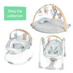 Ingenuity Cozy Spot Soothing Baby Bouncer with Wooden-Toy Arch, Natural Rubber-Toy, Safety Harness, Music & Auto-Shutoff, 0-6 Months, Grey