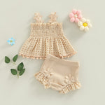 Murnouche 2Pcs Newborn Baby Girl Summer Clothes Sleeveless Floral Top Ribbed Shorts Boho Outfit Set Beige 3-6 Months